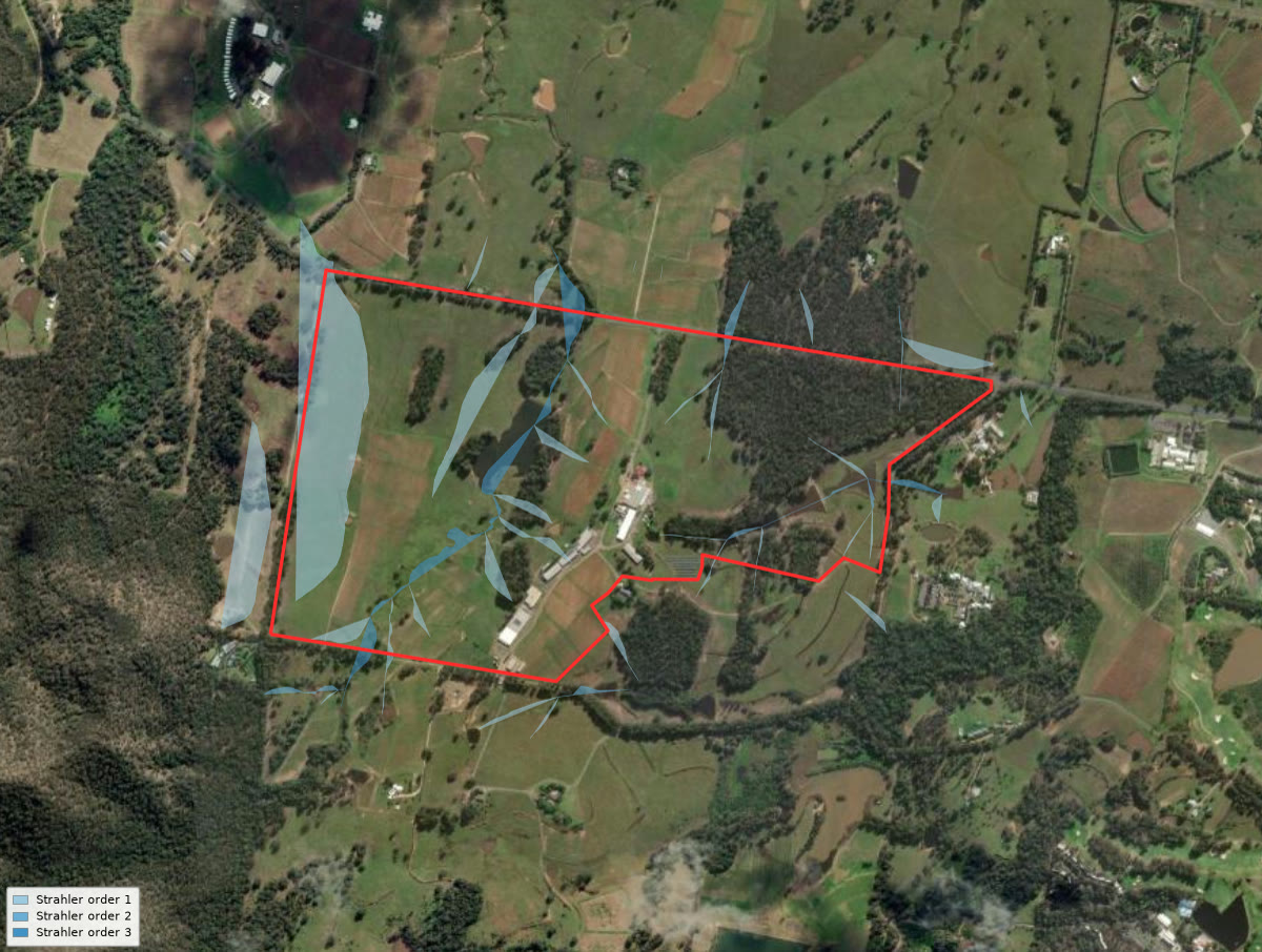 Stream order overlay mapped across a de-identified rural boundary