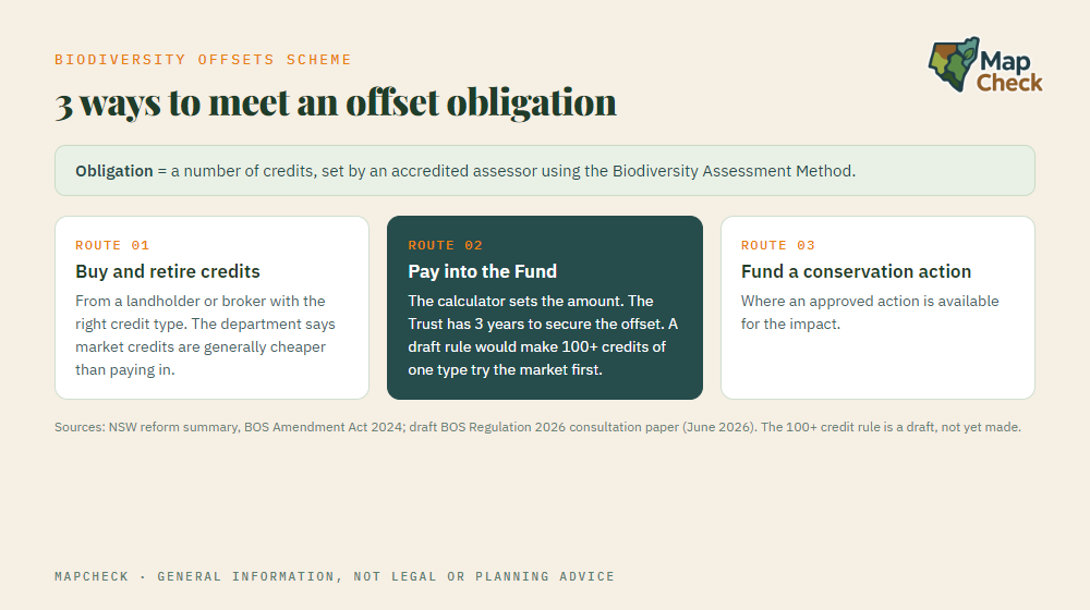 3 ways to meet a NSW biodiversity offset obligation: buy credits, pay into the Fund, or fund a conservation action