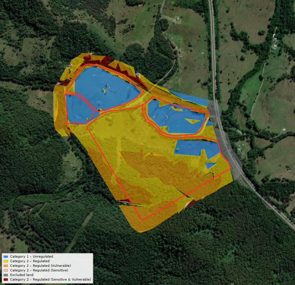 Native Vegetation Regulatory Map read on a de-identified NSW rural parcel, showing Category 1 unregulated land in blue and Category 2 regulated, vulnerable and sensitive land in yellow, orange and red