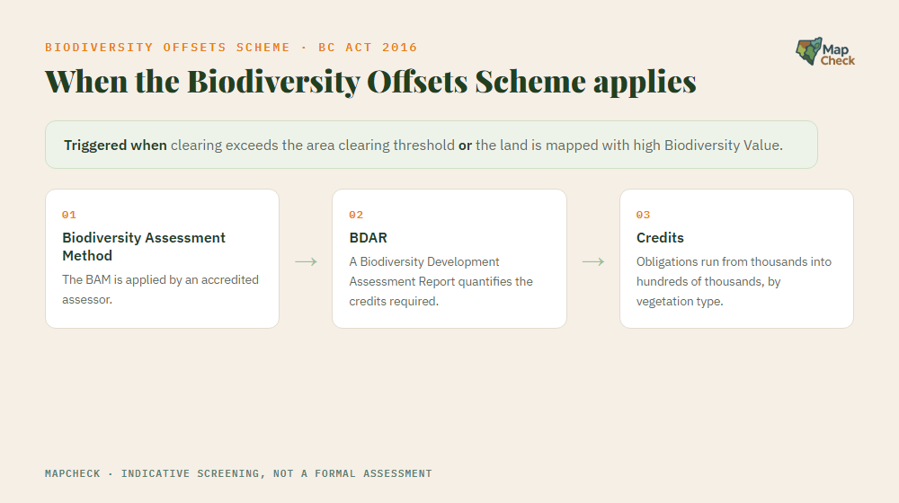 How the NSW Biodiversity Offsets Scheme is triggered and the assessment path that follows: Biodiversity Assessment Method, Biodiversity Development Assessment Report, then credits