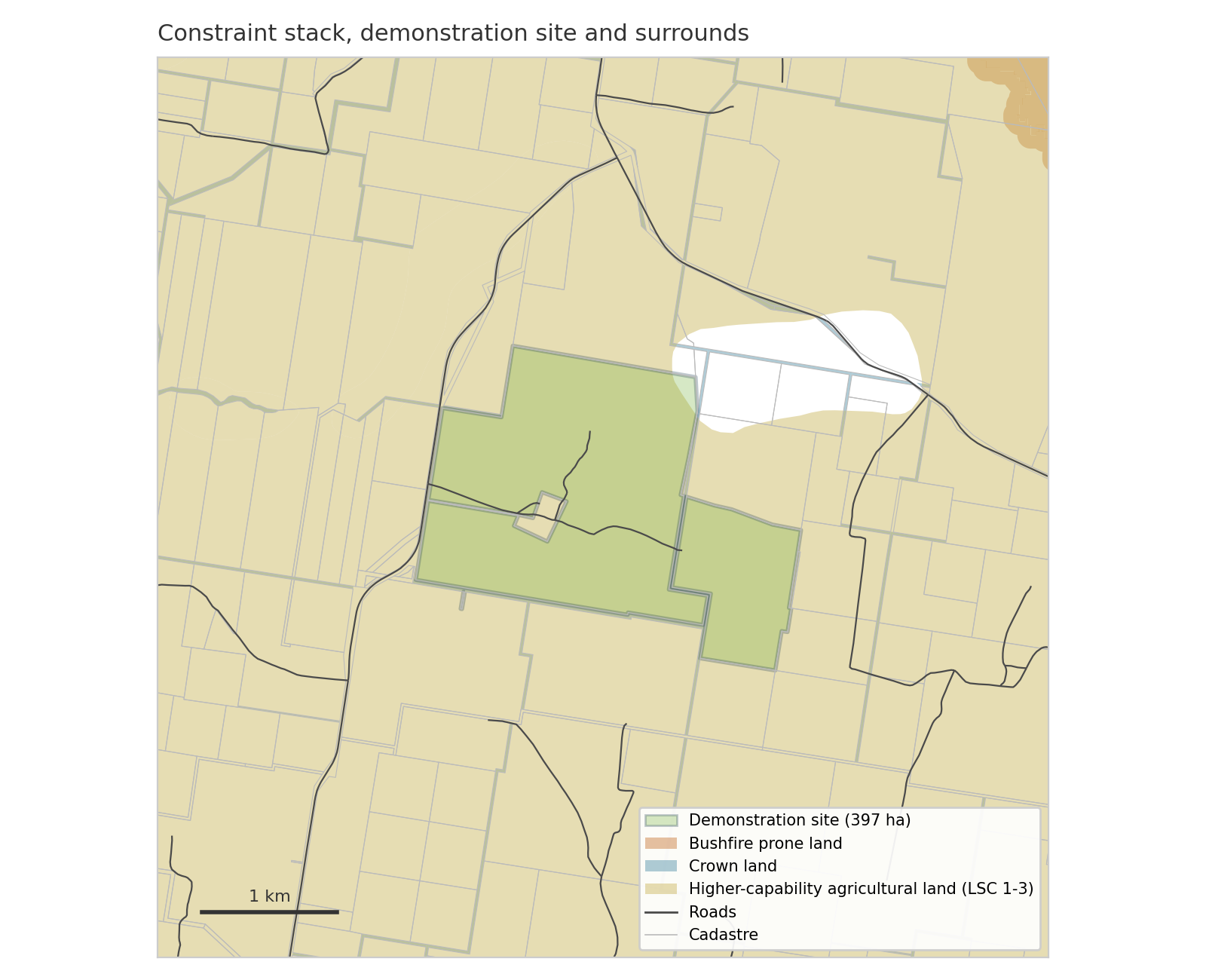 Constraint stack showing bushfire prone land, Crown land, higher-capability agricultural land, cadastre and roads across a de-identified NSW study area